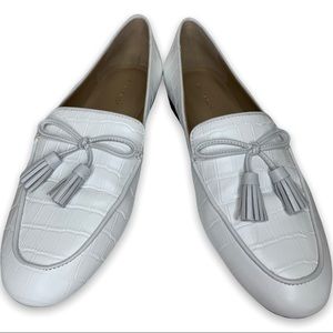 Ann Taylor White Ursula Croco Embossed Leather Tassel Loafers 7.5
